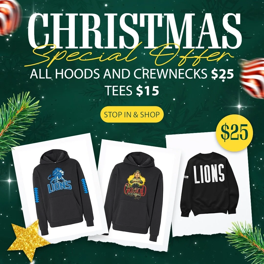 🎄🔥 Christmas deals are HERE!
Hoodies &amp; crews $25, tees $15 &mdash; come shop the drop at Custom Sports &amp; Apparel!

💚✨ Stop in today!

#CustomSportsAndApparel #LakeOrion #DetroitStyle #HolidayDeals #ChristmasShopping #DTFPrinting #LocalShop