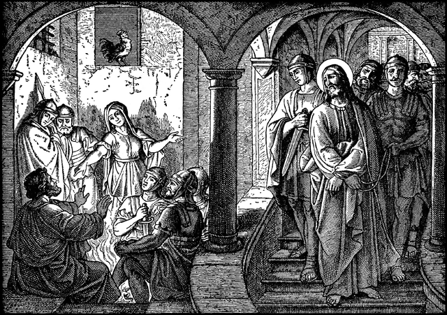 Peter denies Jesus three times. 