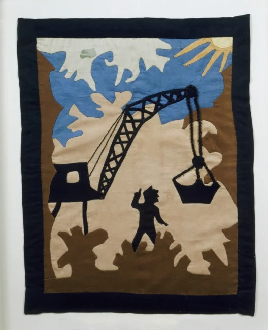 Man with Crane , designed by Ruth Clement Bond, stitched by Rosa Marie Thomas, 1934. Museum of Arts and Design, gift of Mrs. Rosa Philips Thomas in 1994