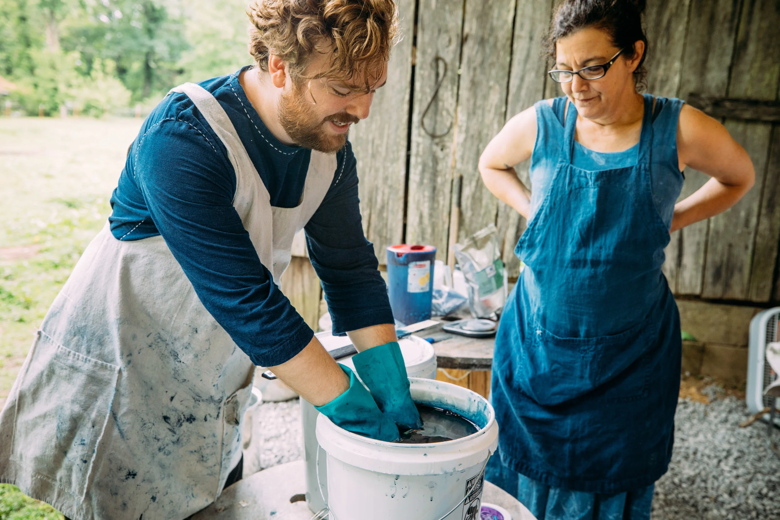 Nadene and I discussing the ferrous indigo vats. Photo by Grace Boto