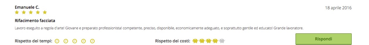 Recensione per lavori di ristrutturazione delle facciate di un condominio a Verona. (fonte: www.prontopro.it)