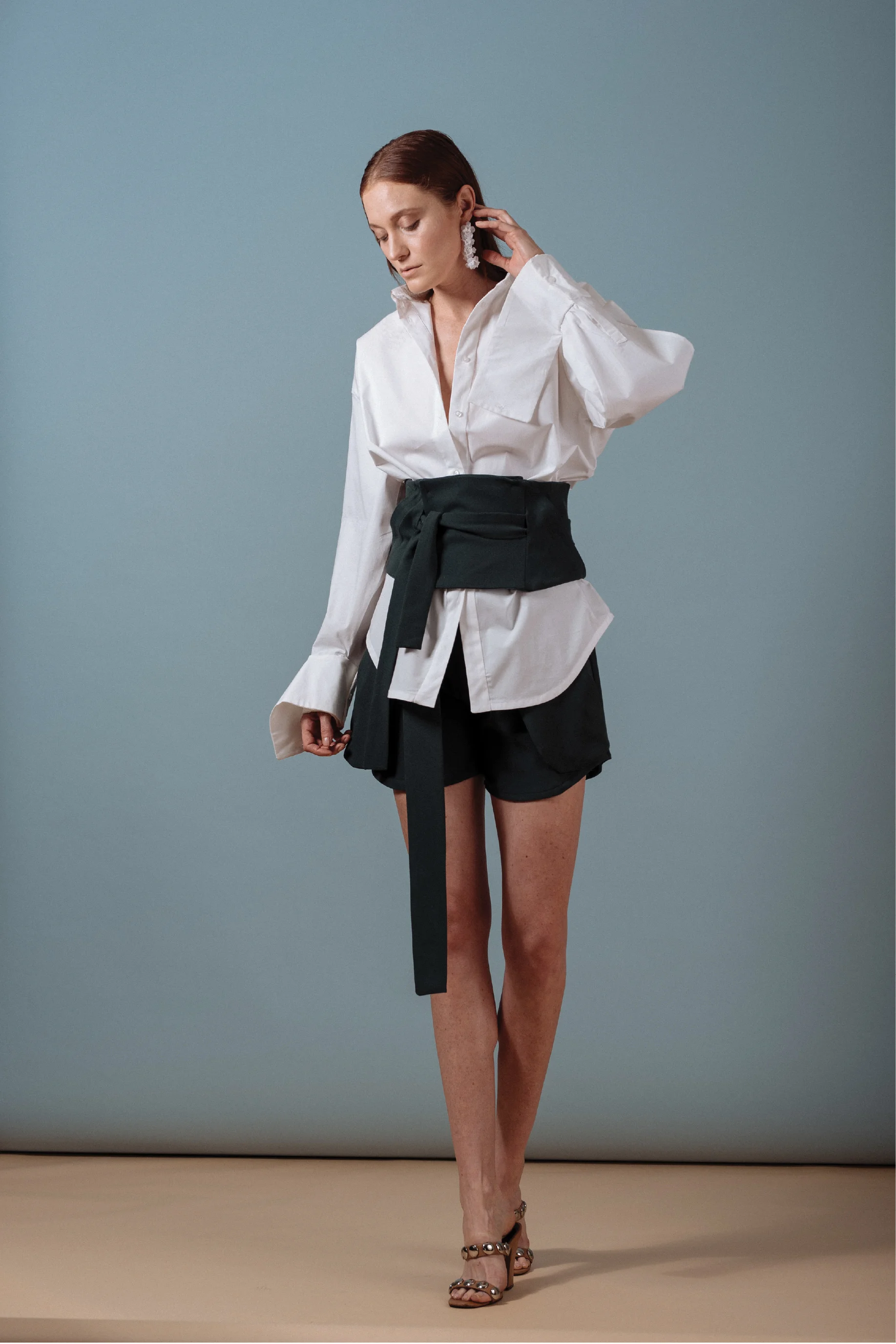 Look 1: #403 Yoko Shirt in White, #415 Kobe Corset w/ Pockets in Emerald, #408 Tomoe Shorts in Emerald