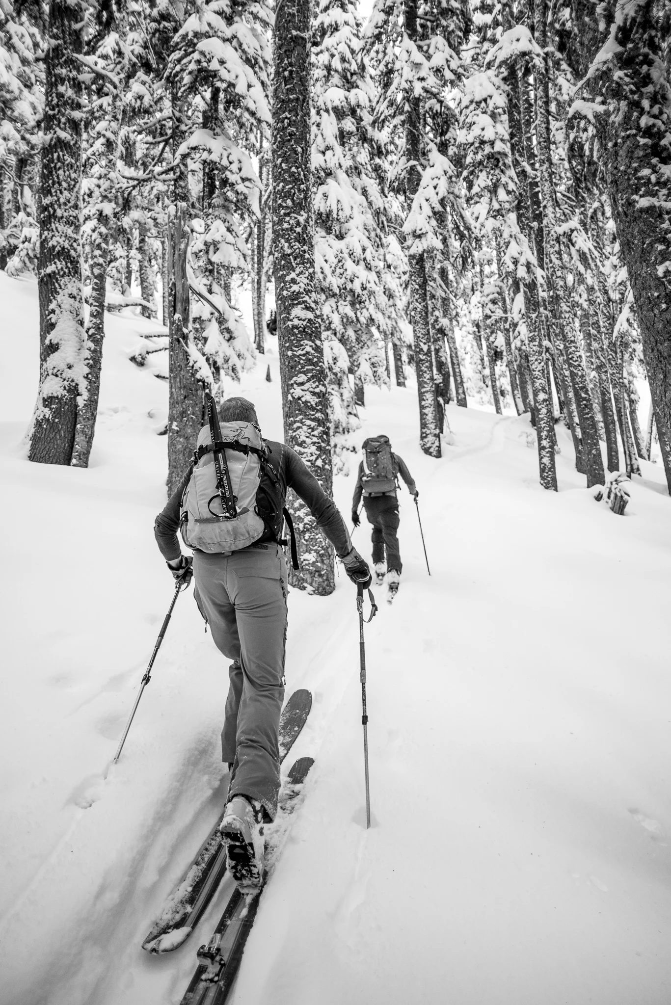 Drew Tabke and Erik Wherly on approach to the Slot Couloir on Snoqualmie.