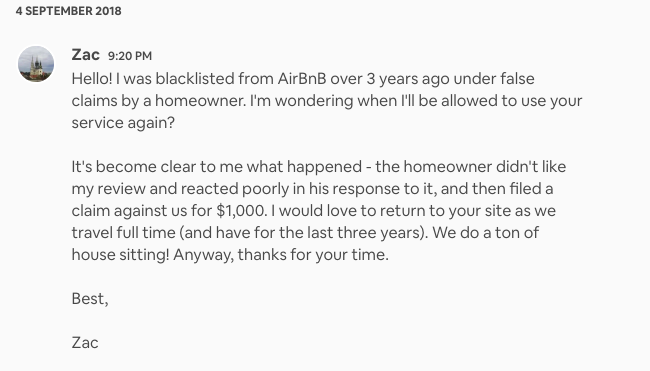 Actual message to Airbnb resolution center w/vague & confusing reference to house sitting.