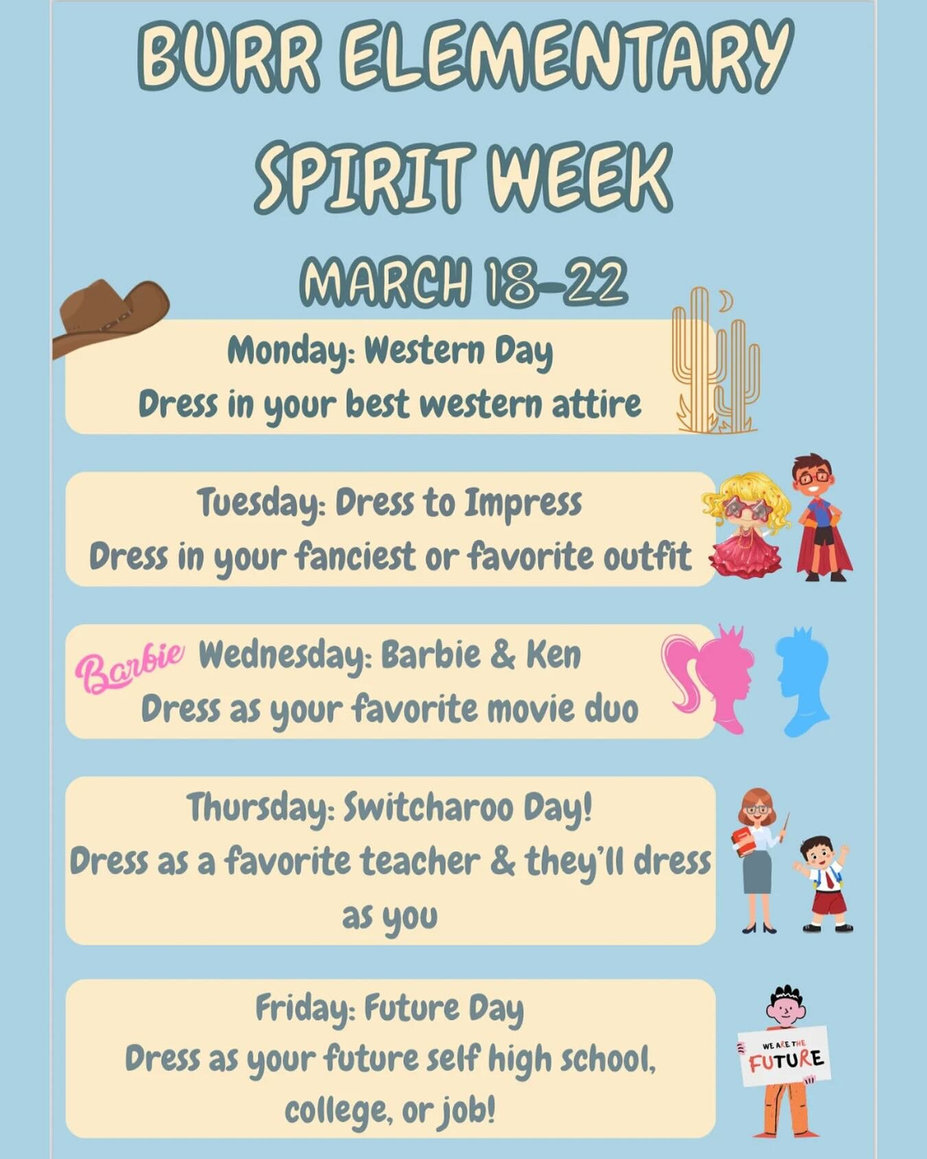 Next week is spirit week! Are your kids getting their outfits ready?? #burrelementary