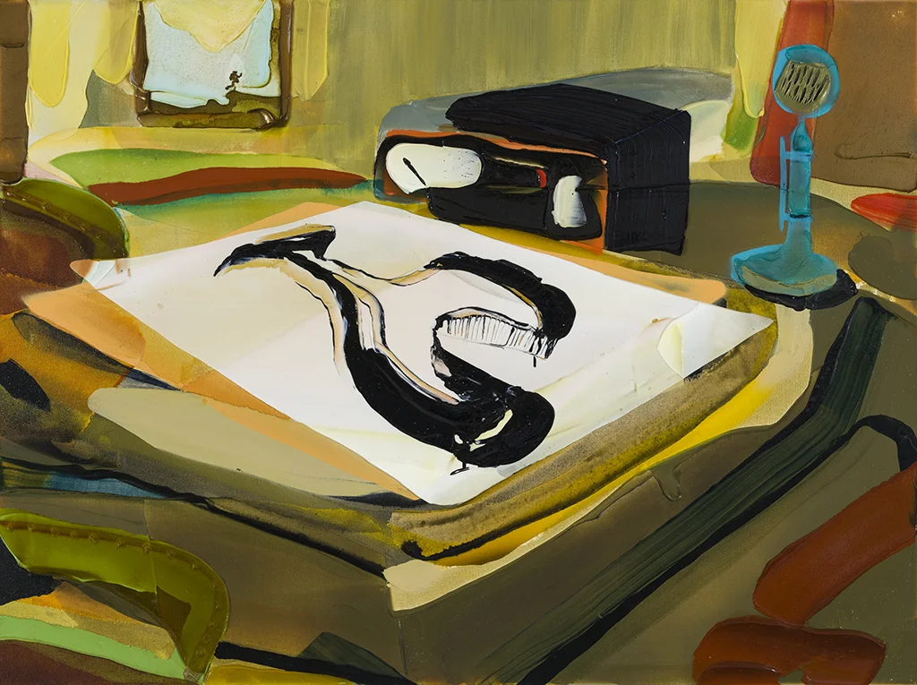 Still life with transmitter and postcard 2018 acrylique et aérosol sur toile 35” x 47”
