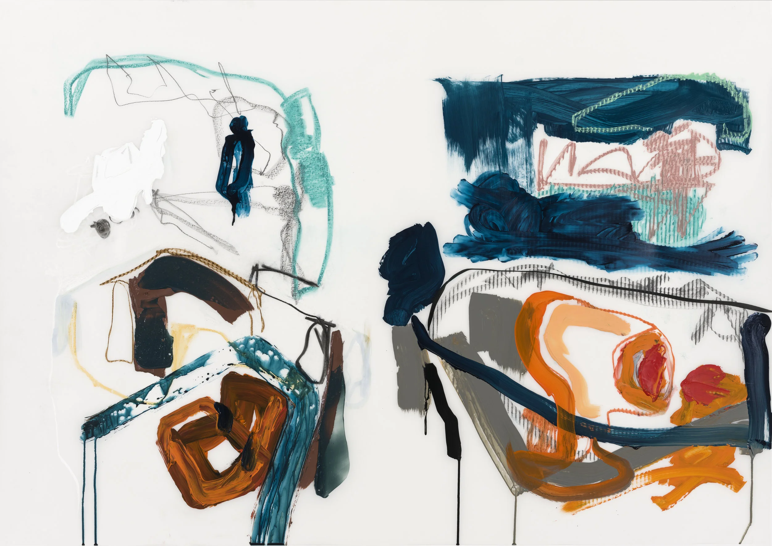 Deux réparations (série : In medias res), 2019 acrylique, aérosol et crayons sur Mylar, 36’’ x 50’’