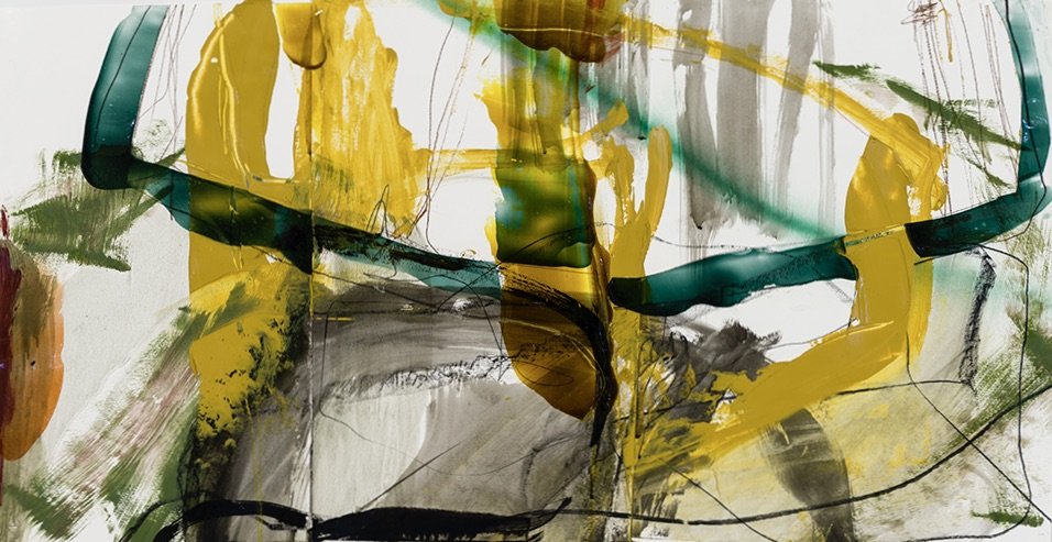 Demi sous-sol, 2022, Collage en 3 section, Huile, acrylique fusain et aérosol sur papier , 22’’ x 46’’ (irrégulier)