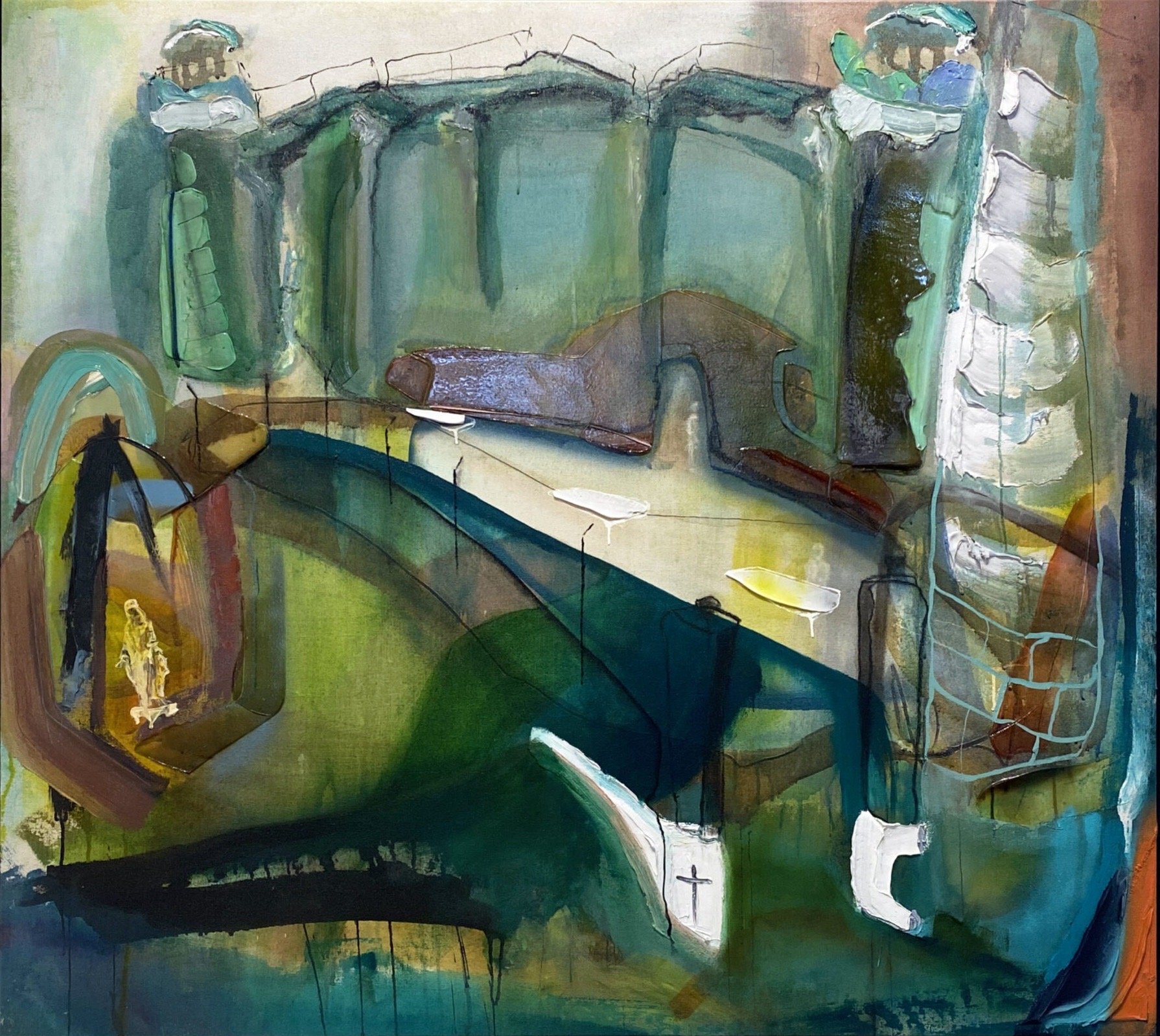  Courtyard and Chapel, 2023 , oil, acrylic and spray paint on canvas, 51’’ x 56’’ 