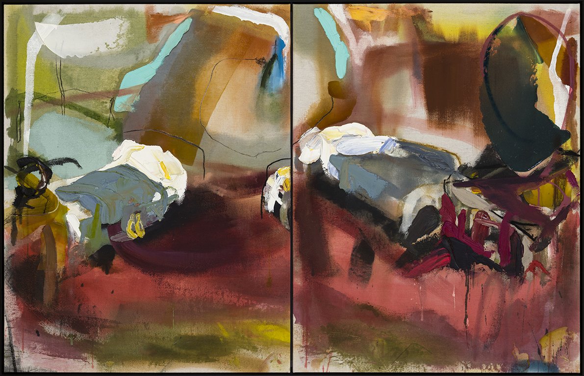   Diptych: Master Bedroom,  2023, oil, acrylic and charcoal on canvas, 41’’ x 64’’ 