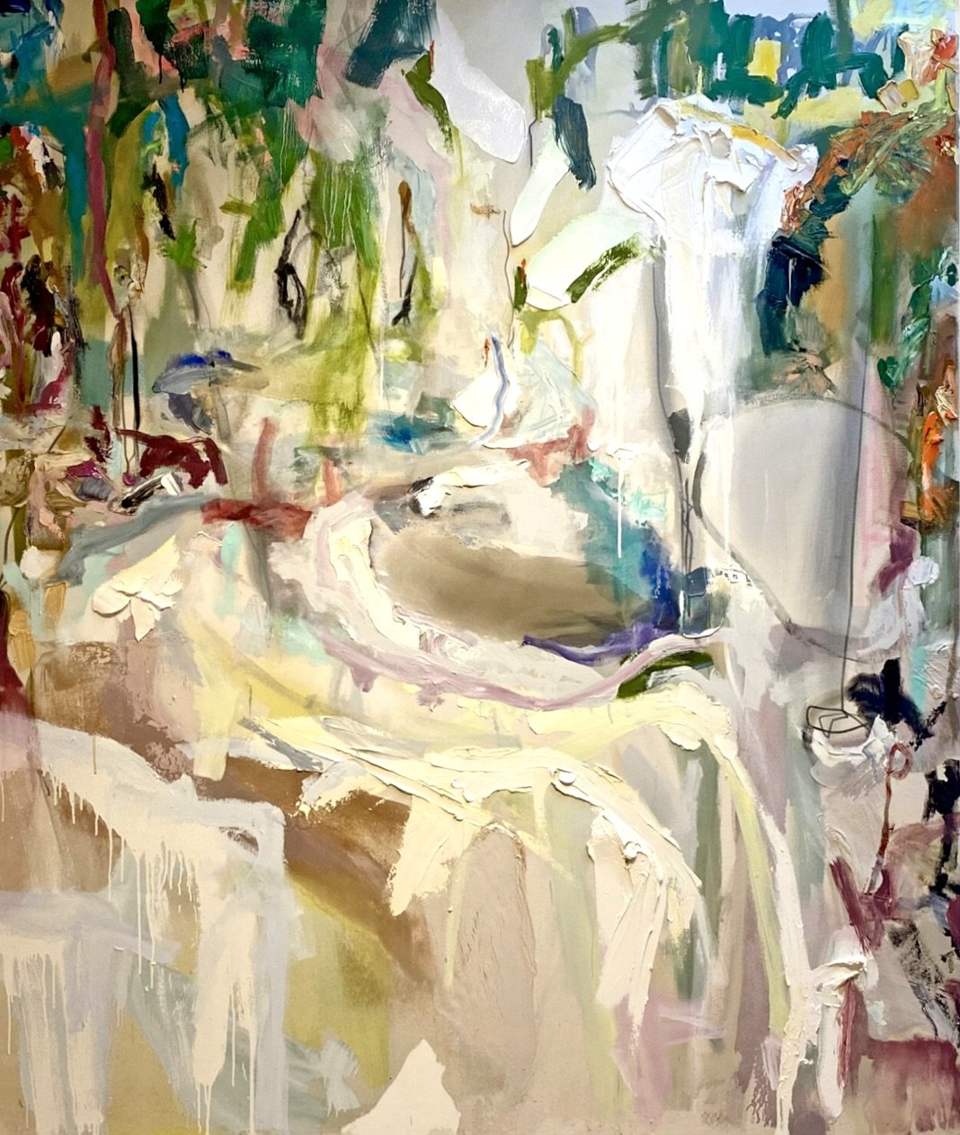 Tribute to Theodore Clement Steele: Winter in Munich #2, 2023, huile, acrylique et crayons sur toile, 84’’ x 72’’