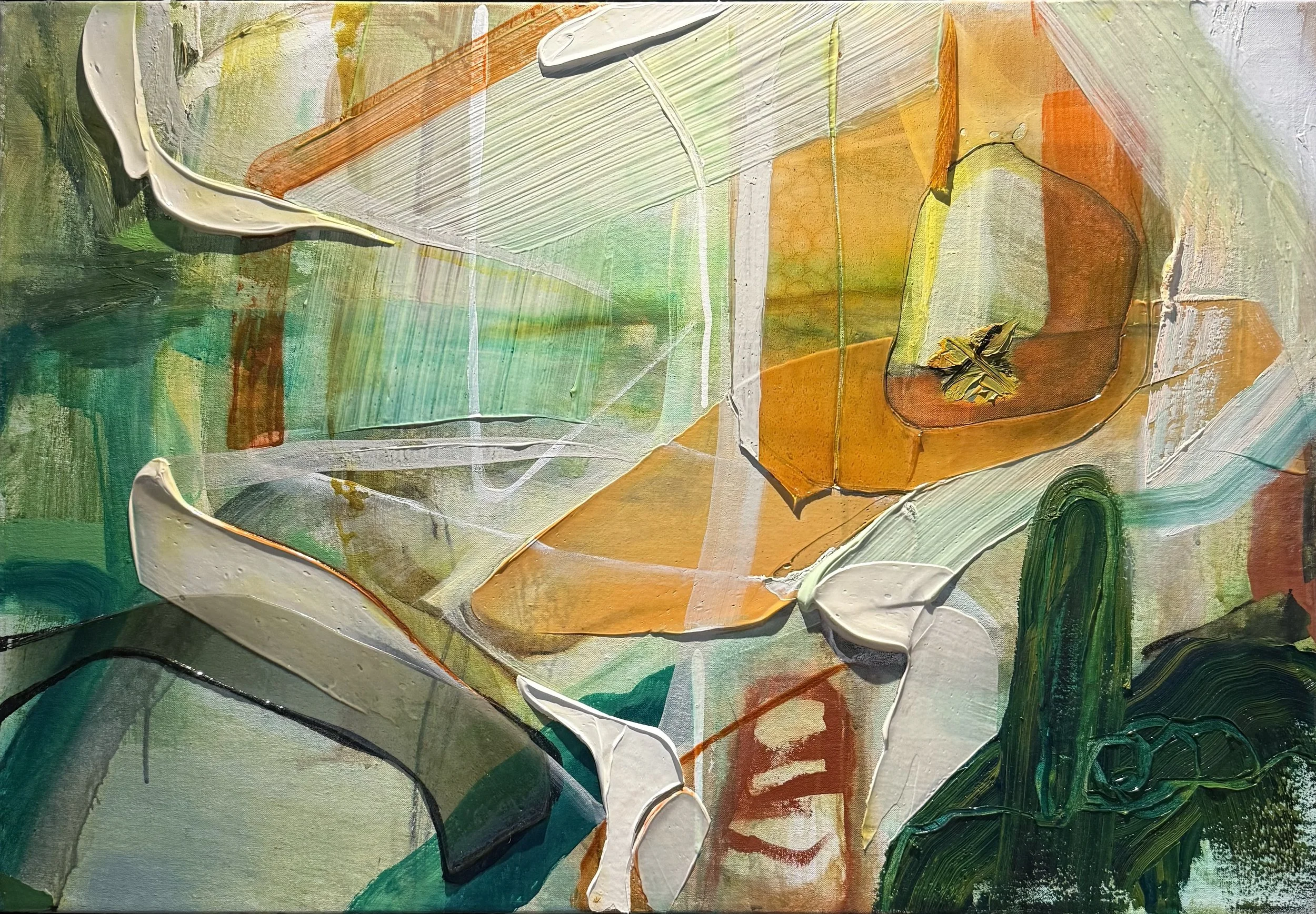   Antre , 2024, huile, acrylique et aérosol sur lin, 23’’ x 35’’ 