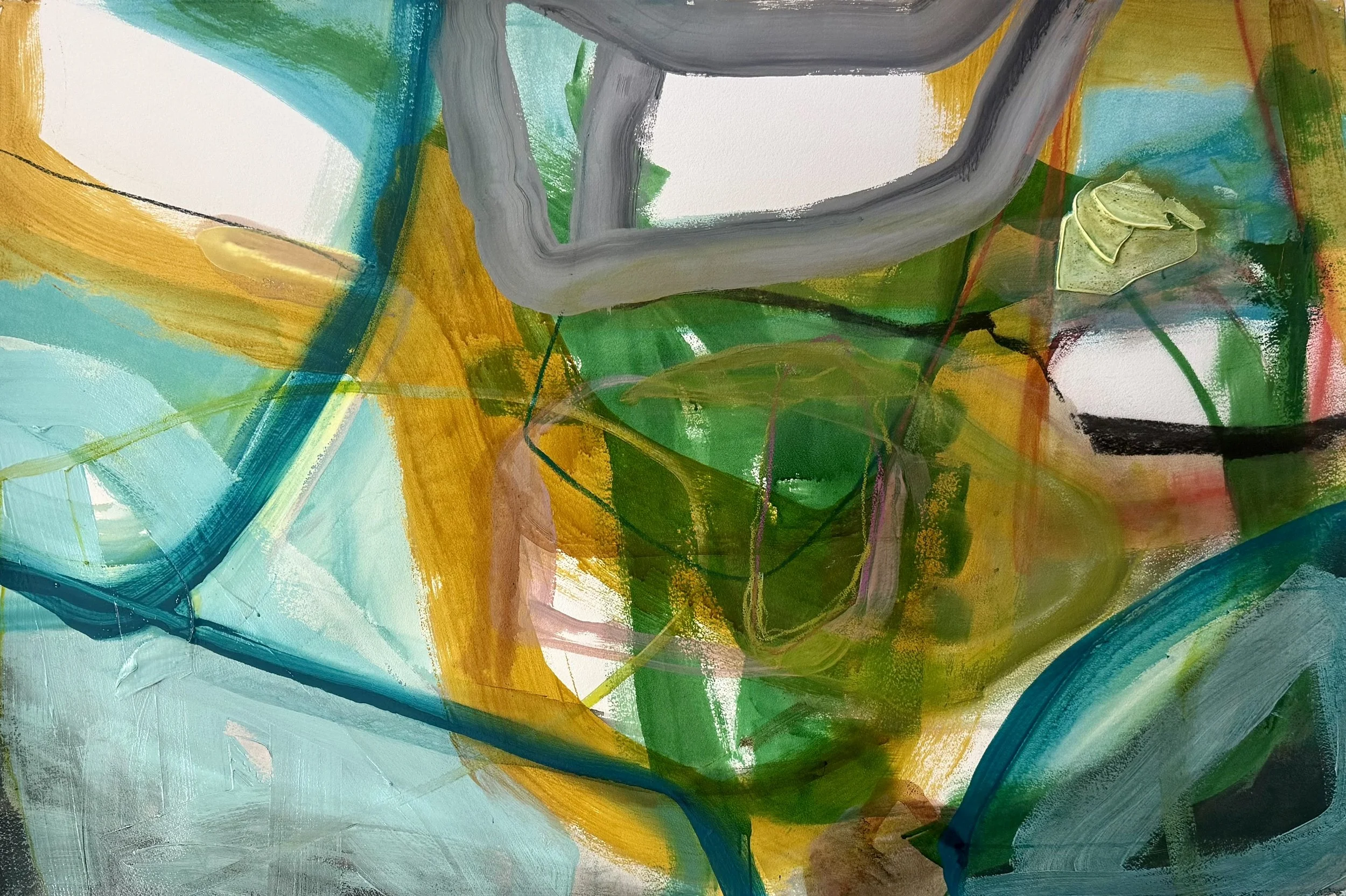   Empiétements,  2025, acrylique, aérosol et fusain sur papier d’Arches. 36’’ x 60’’ 