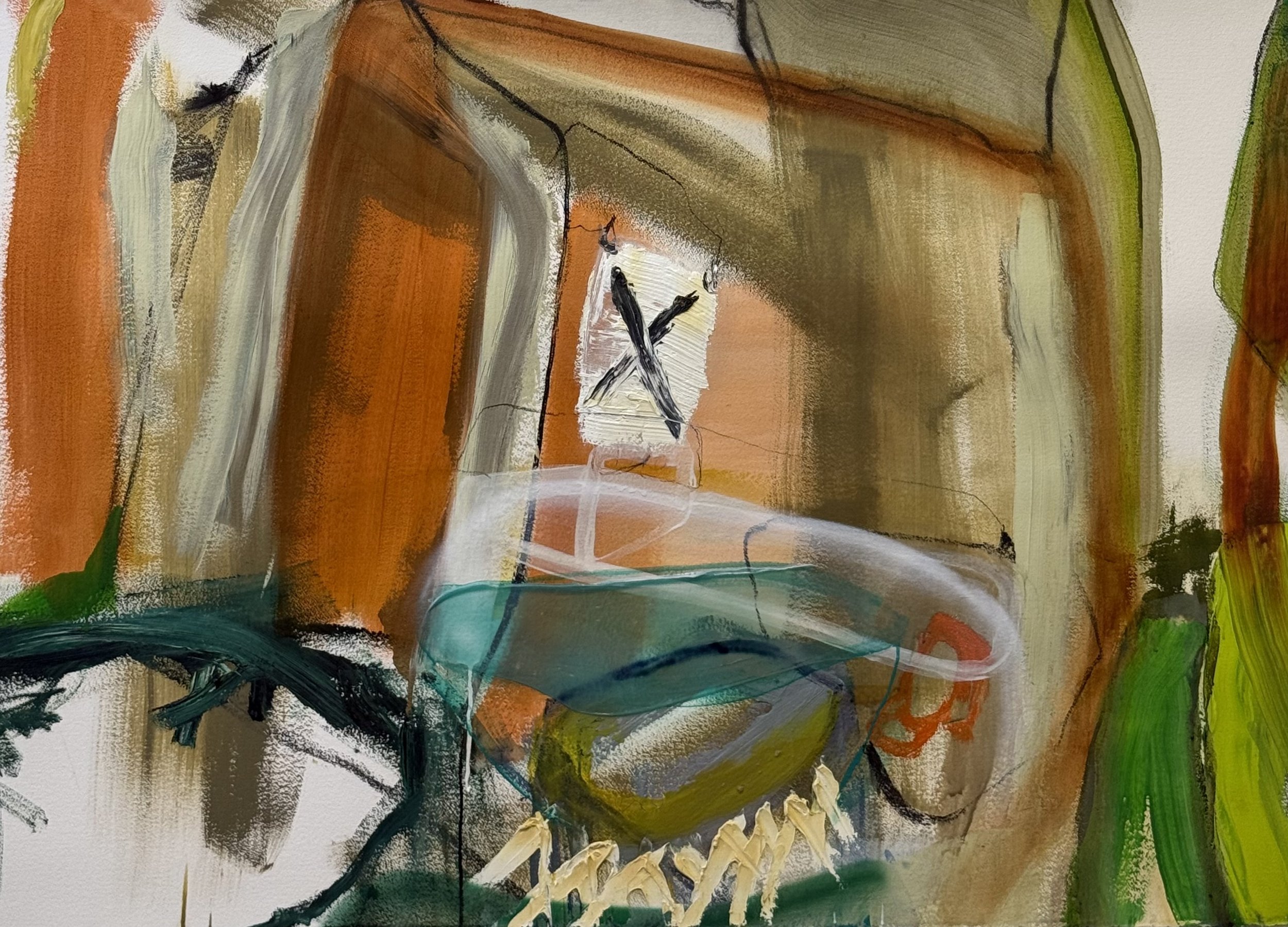   Attaques mitoyennes , 2025, huile, acrylique et aérosol sur papier d’Arches, 36’’ x 60’’ 