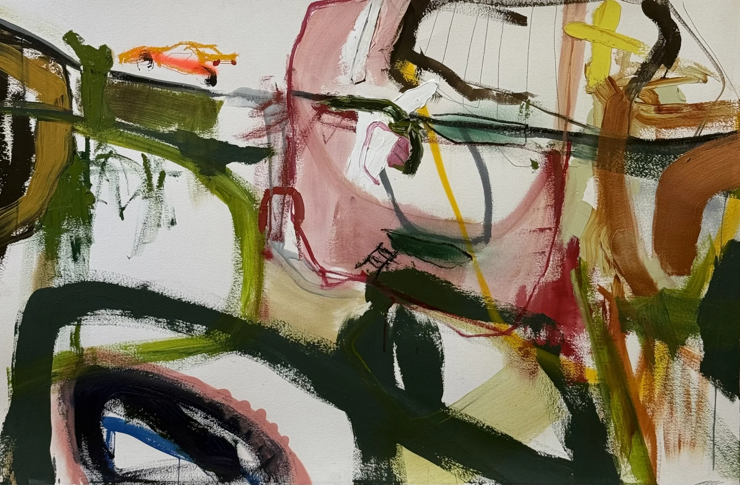   Garden Party #2 , 2025, huge, acrylique et aérosol sur papier d’Arches, 36’’ x 60’’ 