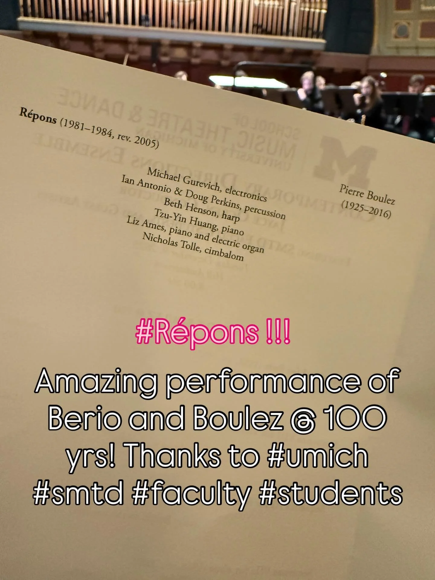 Incredible #berio and #boulez performance last night @umichsmtd #cde and Faculty AmyPorter @fabiola.h.kim @nambroseking + more. @jayceogren big thank you! When will we ever get to hear this piece again? #composer #electronics #electronicmusic #inspir