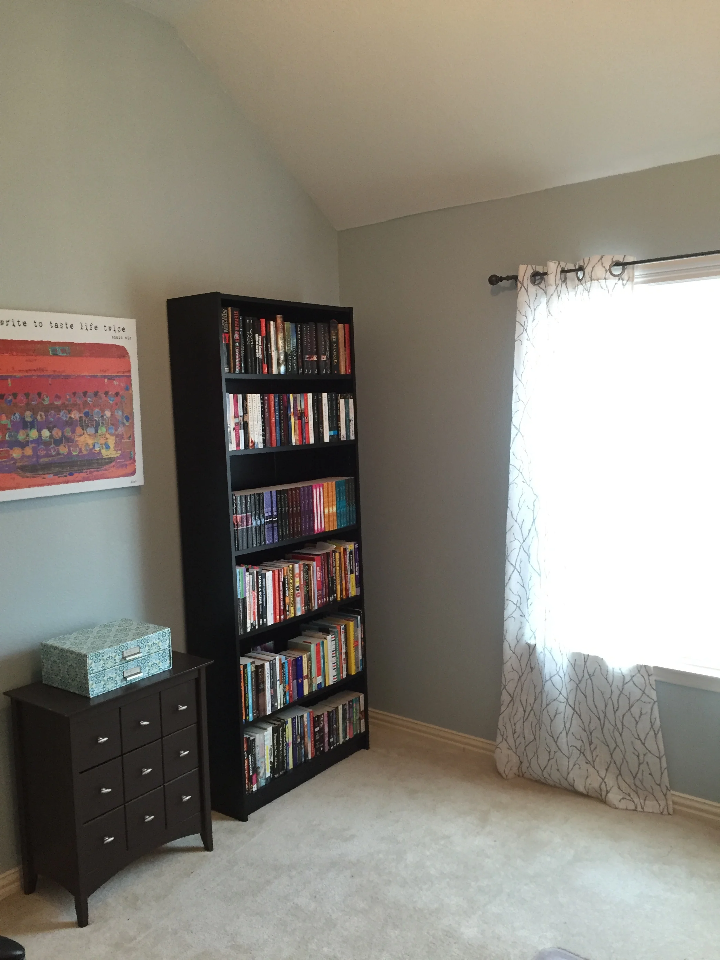 The pic makes the wall look a little green here but it's a pale grayish blue.