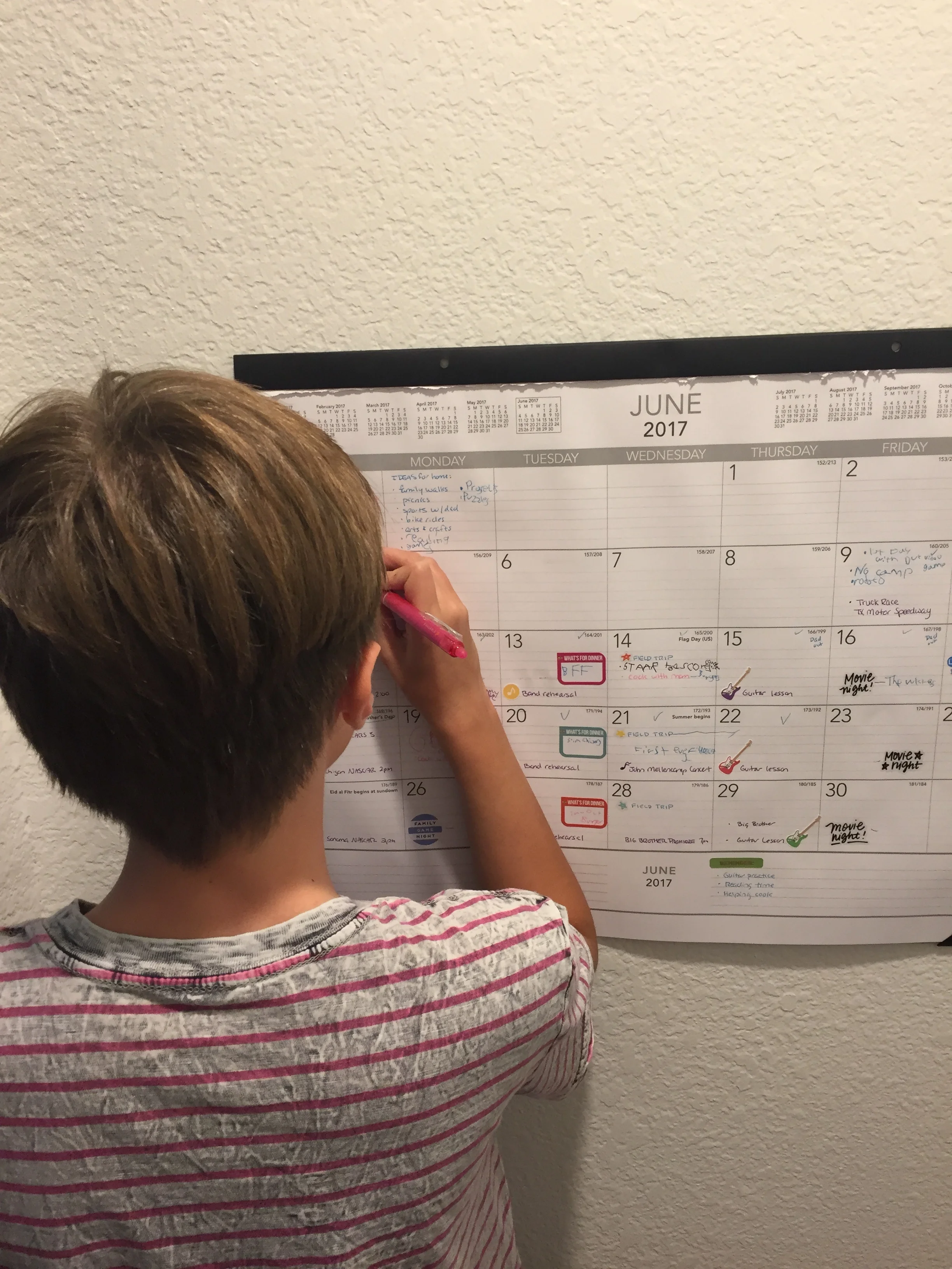 Keeping a family activity calendar. Kidlet has taken ownership of this and loves adding his own ideas. Plus, fun with strickers! Lol.
