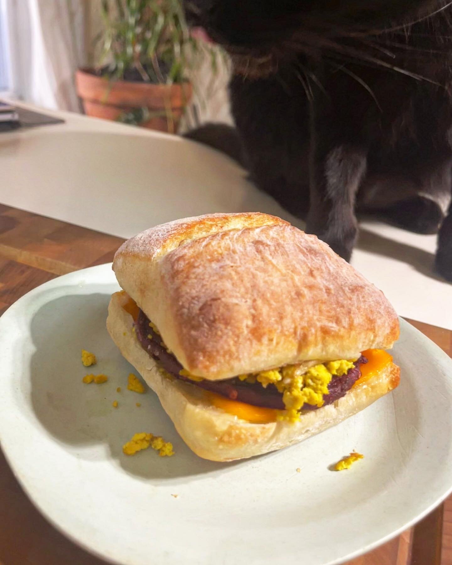 We know Plum cat isn&rsquo;t the only one who&rsquo;s been missing the Scram Slam-GOOD NEWS you can now snag one over @kofeenyc 😻🤤 #veganbreakfast #vegansandwich