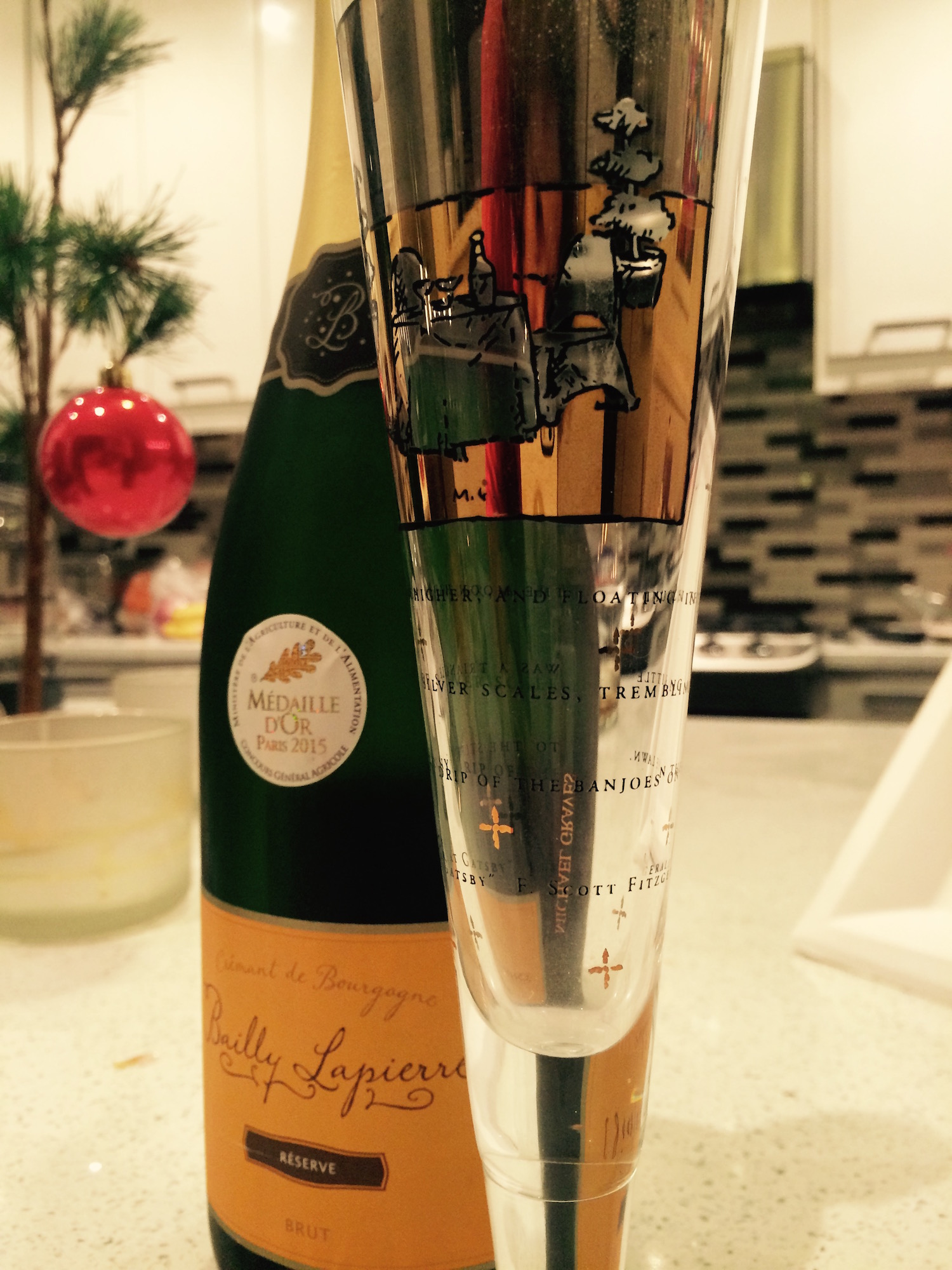 I can read and toast the New Year at the same time with this Champagne flute – it's printed with a quote from The Great Gatsby . 