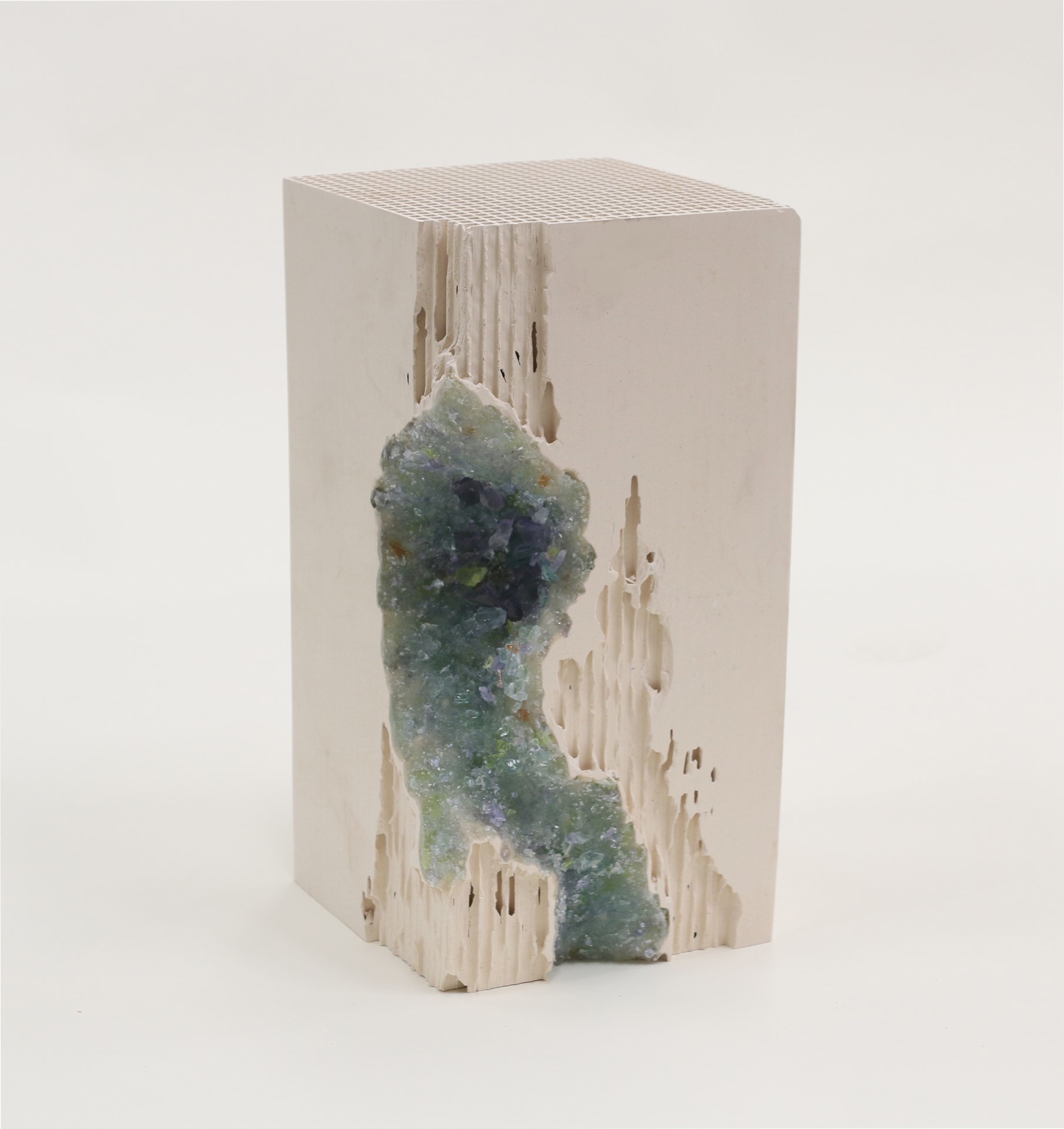Blue Vug, 2014, lead crystal embedded in engineered ceramic block, 12 x 6 x 6 inches
