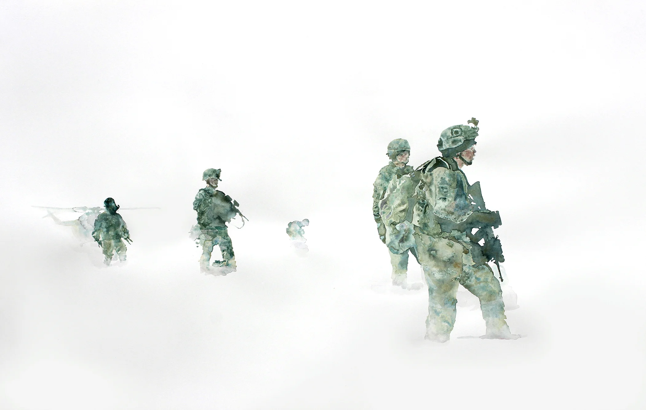 Alison OK Frost, Arctic Curse 2: Blackhawk Team, 2016, watercolor on Arches paper, 25 x 41 inches