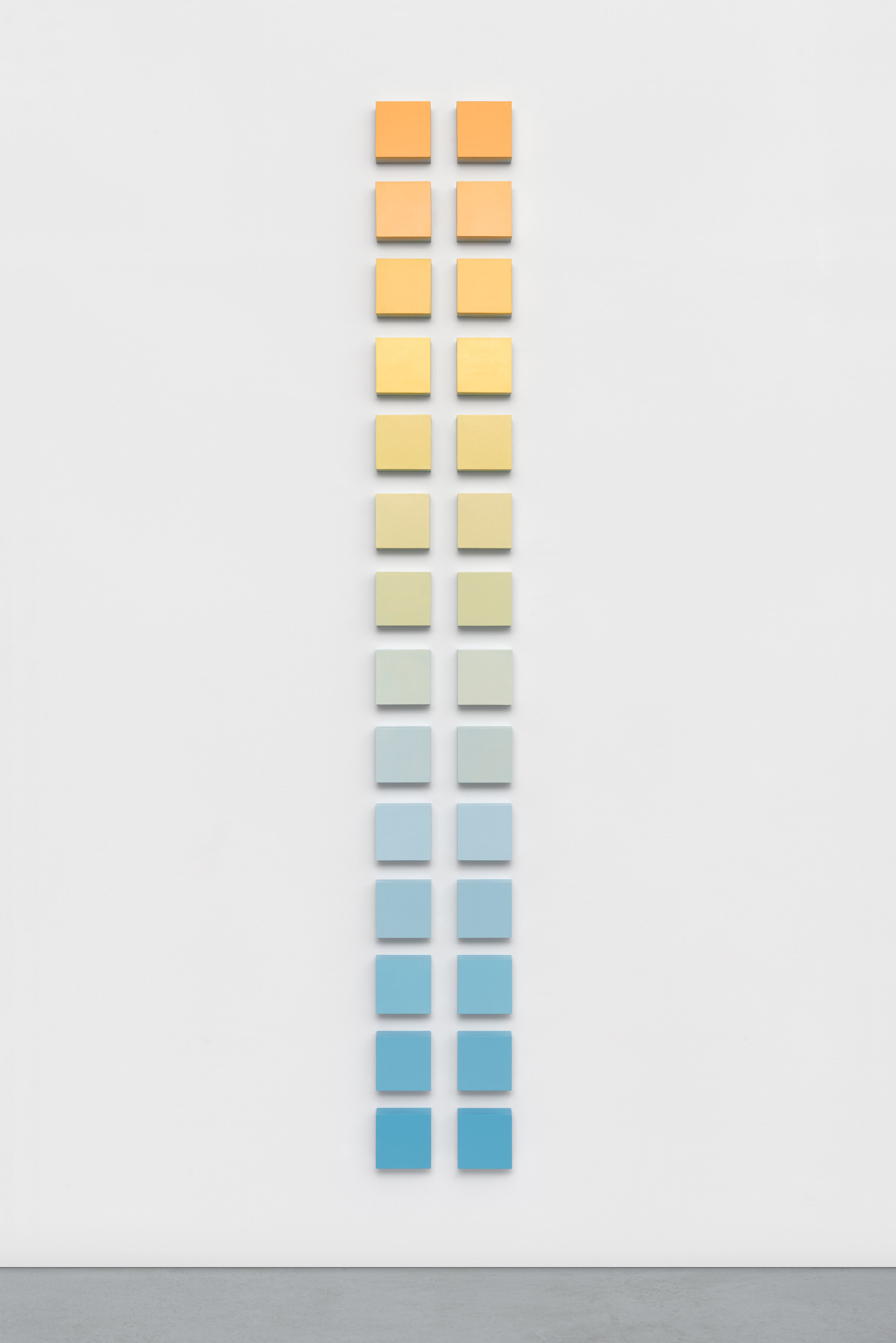 "Marigold Ladder," 2016, phosphorescent and acrylic on panel, (28) 5 x 5 x 2 inch panels, 96 x 12 x 2 inches overall