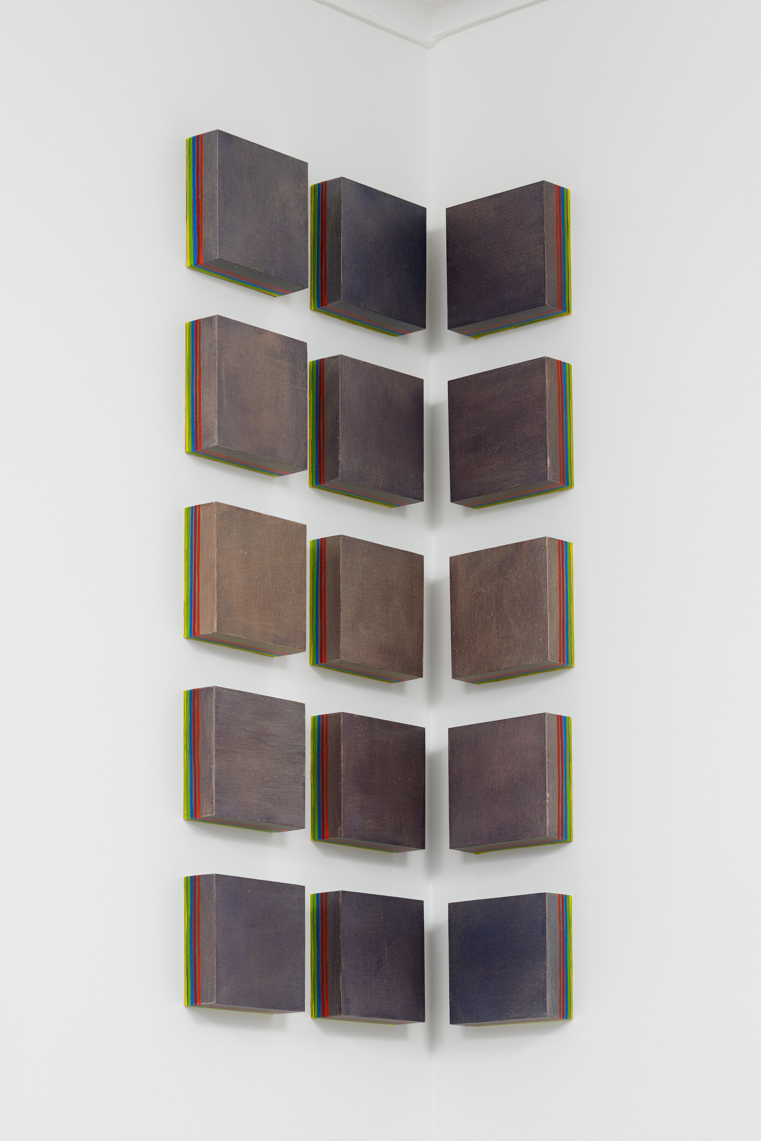 "Moonbow," 2017, acrylic and interference on wood panel, (15) 5 x 5 x 2 inch panels, 23 x 19 x 2 inches overall
