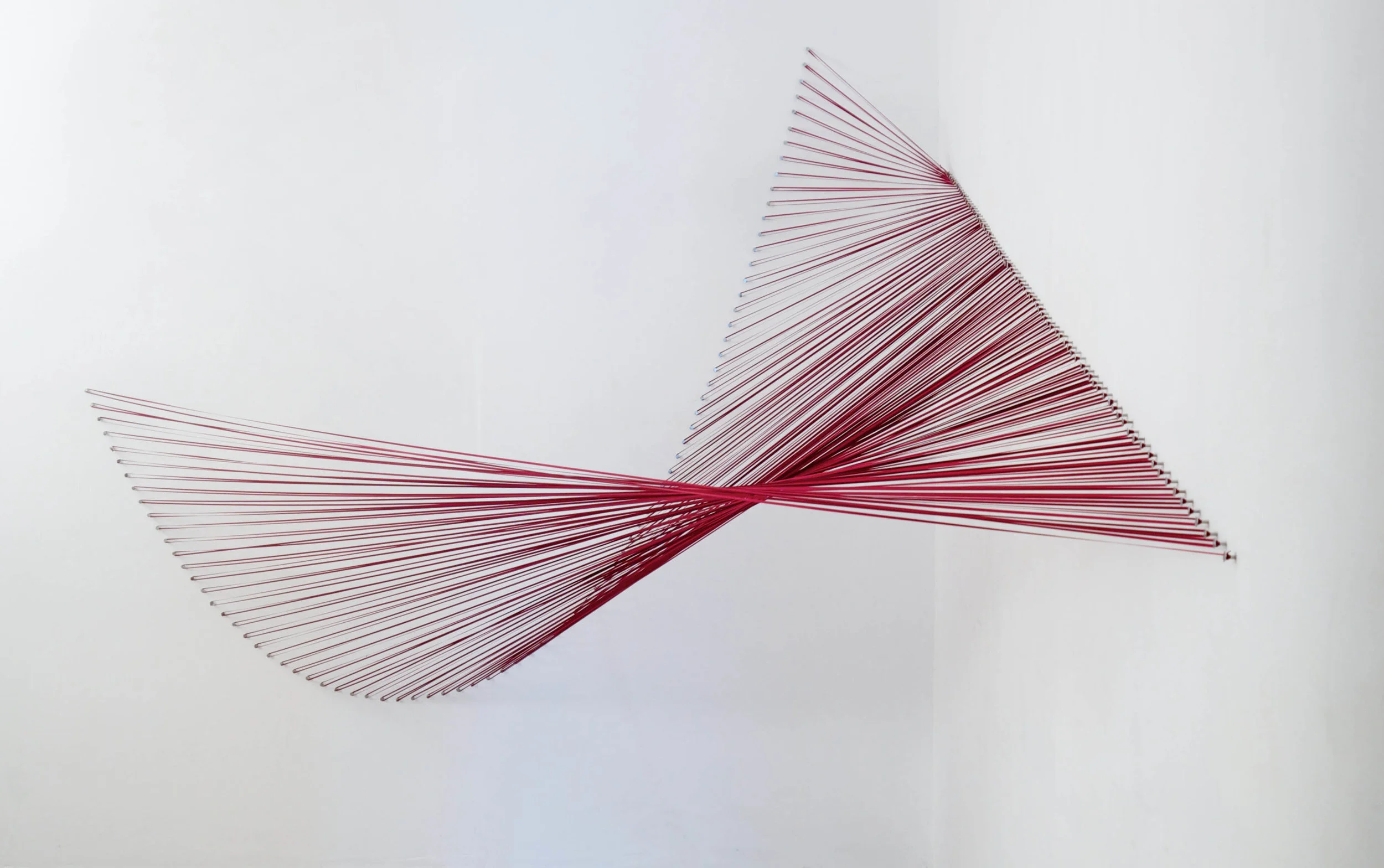 Sabine Reckewell, "Red Curve into Plane," 2012, ribbon and nails, 7 x 7 x 11 feet