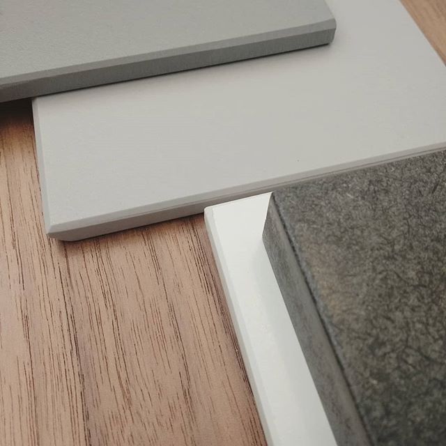 Kitchen planning in progress. 
Did we say we love this material palette?