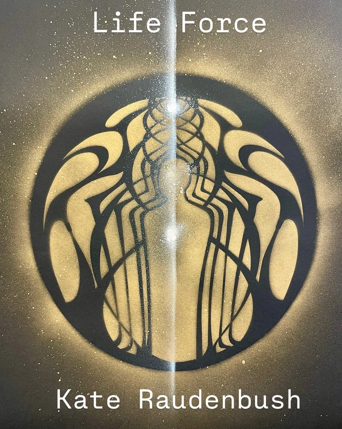 Life Force Spirit Beam painting. 
β¨
This hand-made painting features the design of the Life Force sculpture in metallic gold, with a reflex white paint light beam running through the heart-center and third eye chakra  of the figure…linking the
