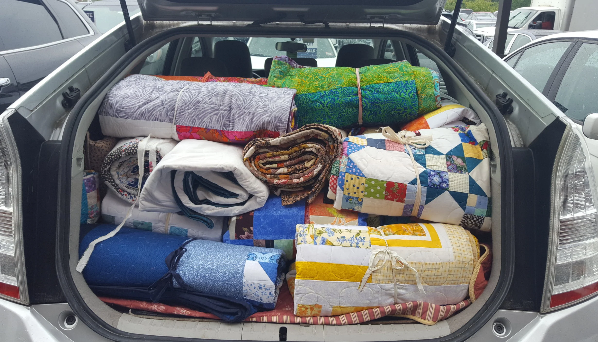 A trunk full of Comfort Quilts, made by the Brooklyn Quilters Guild, ready for delivery to Massachusetts gas explosion victims in September 2018 where more than 80 homes were destroyed.