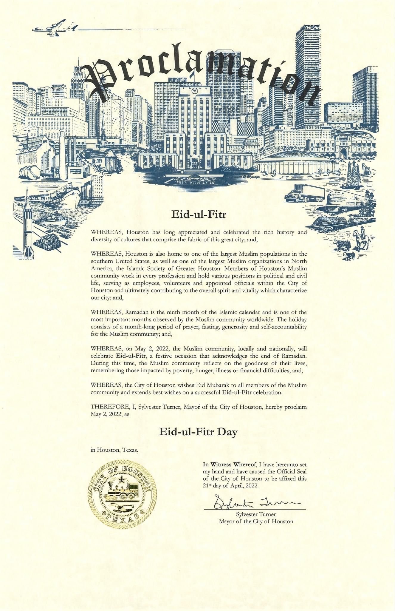 Sylvester Turner, Mayor for the City of Houston, recognizes Eid Al-Fitr 