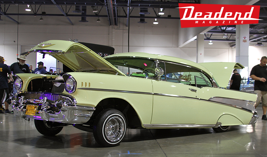 Really clean '57 getting set up at the Lowrider Super Show