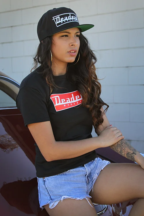 Here Karla has on our Deadend Magazine original logo hat & Red Logo t-shirt (also available in our online store)