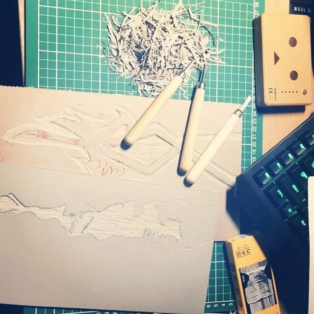 Late night linocut #sohothin #gw2 #guildwars2 #volcanus #linocut #printing