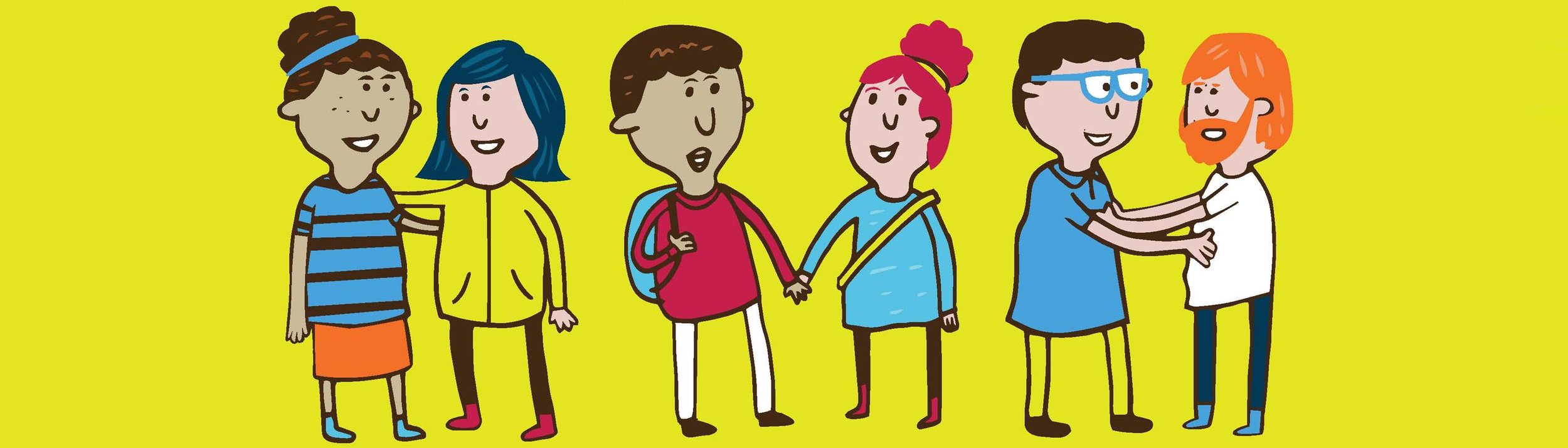 A lesbian, straight, and gay couple are holding hands with their partner.