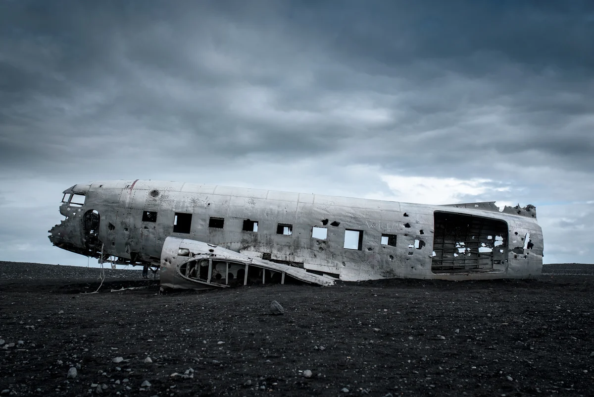 Iceland, crashed plane on black beach