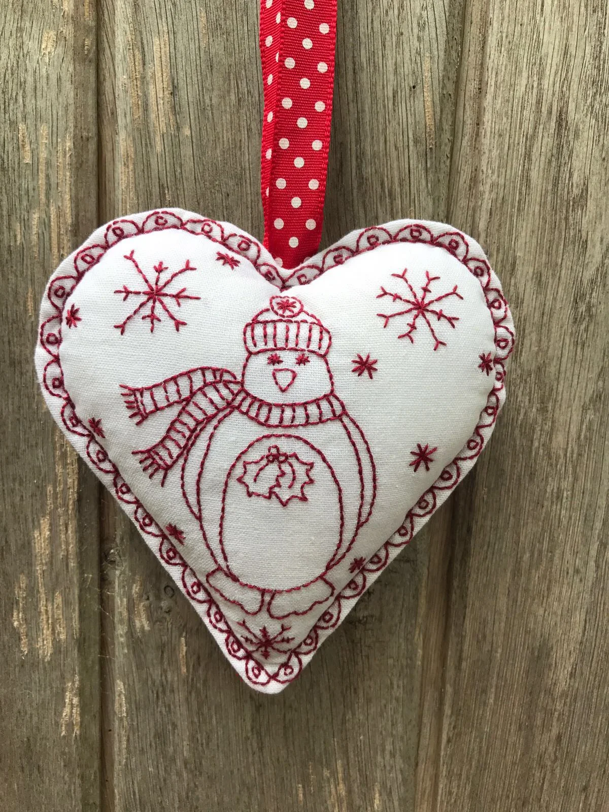 Penguin Redwork Hanging Heart Pattern