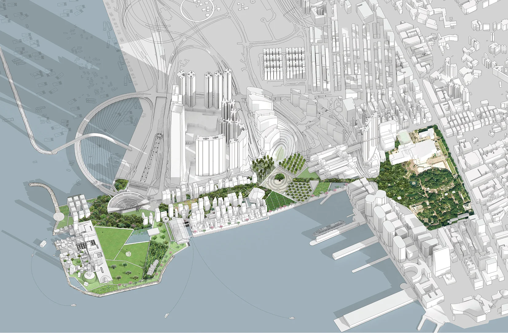    WEST KOWLOON CULTURAL DISTRICT CONCEPT MASTERPLAN, HONG KONG    Masterplan: Cultural District with 17 Cultural Venues, Offices, Hotels, Residences, Retail  Site 40 Hectares, GFA 726,000m²  Project Architect at OMA  &nbsp;© OMA 