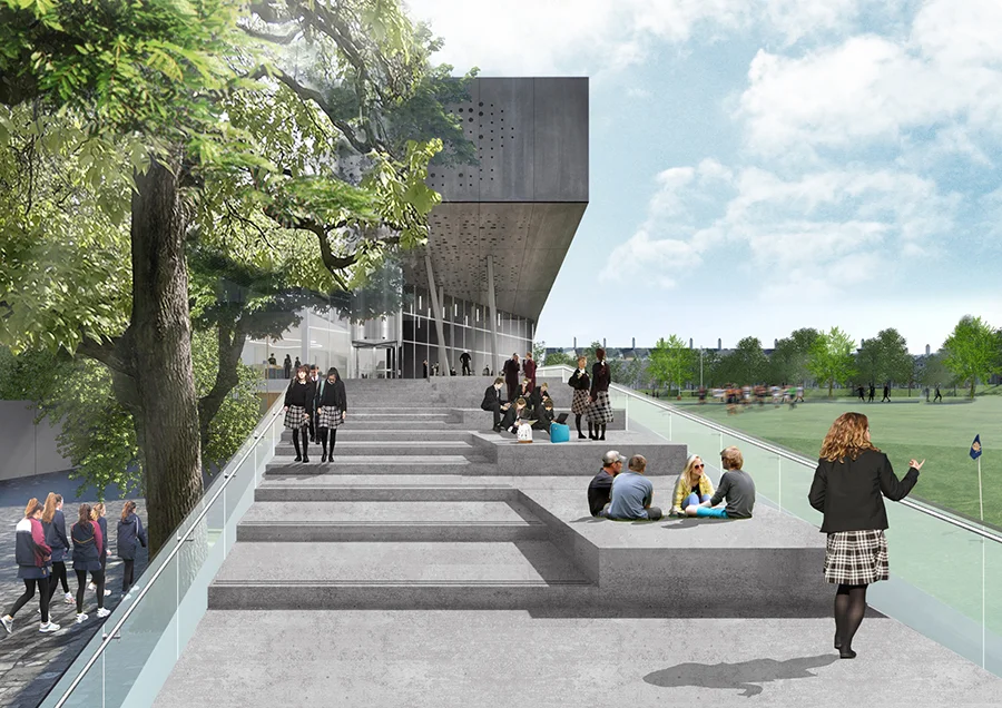   BRIGHTON COLLEGE, SPORTS AND SCIENCES BUILDING, BRIGHTON, UNITED KINGDOM    Architecture: Sports and Sciences Department, Gymnasium, Running Track, Indoor Swimming Pool, Classrooms, Laboratory, Auditorium  Design Director at OMA  © OMA 