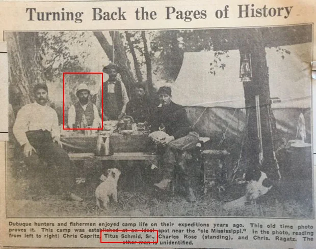 We are fortunate to have this picture of elder Titus Schmid from Dubuque's Telegraph Herald newspaper. This picture, circa 1855 before the founding of the Shooting park, shows Titus with some friends on a camping trip by the Mississippi River.