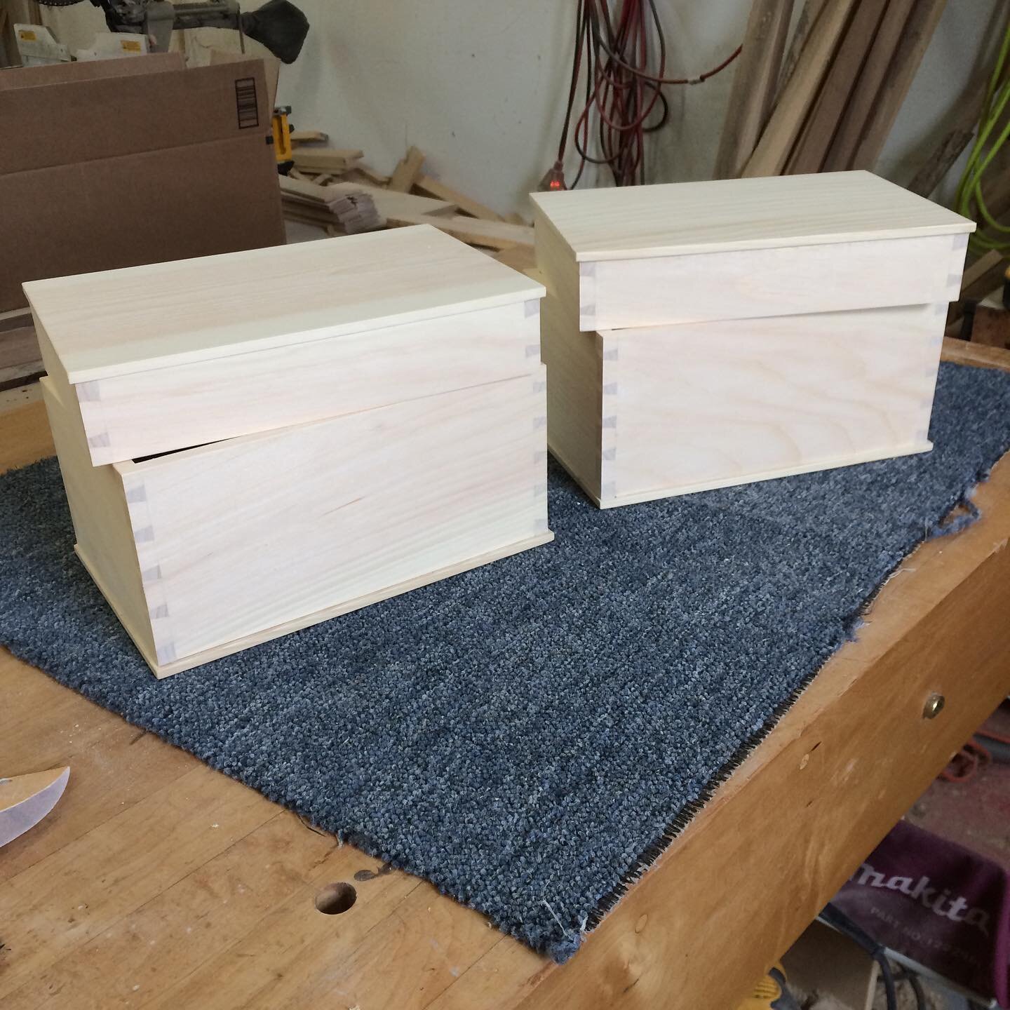 Working on these pine dovetailed boxes that will eventually be used as cremation urns. They are for a couple in Vermont so I chuckled when I realized I was listening to @graciepotter , also from VT. Stopped me up when I realized the song, about a wom