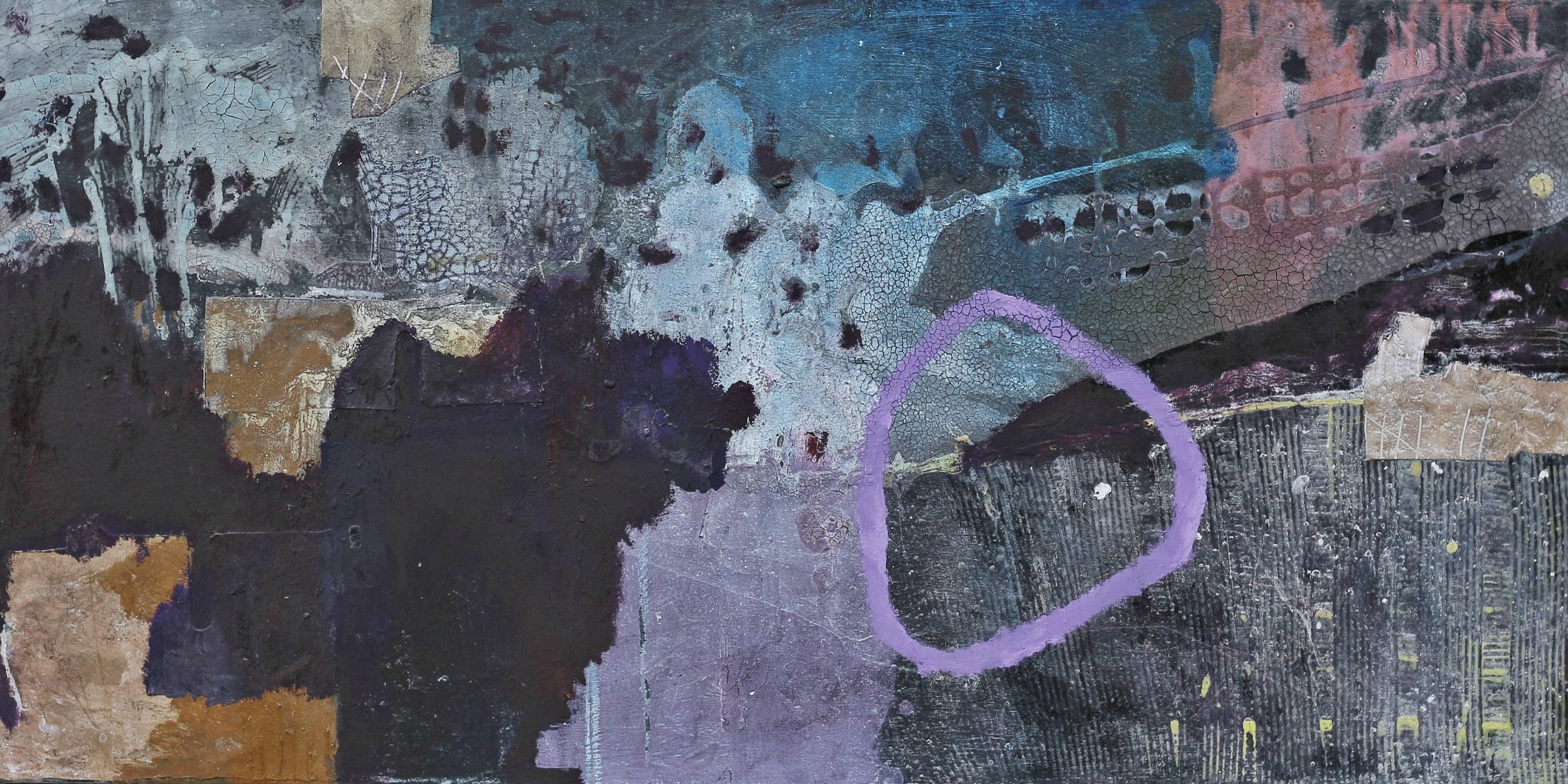 “Circle Pass”, 36"“x 48", mixed media (wallpaper, cork, ink, oil, acrylic, oil bar on canvas), 2015, Private Collection / Asheville, NC