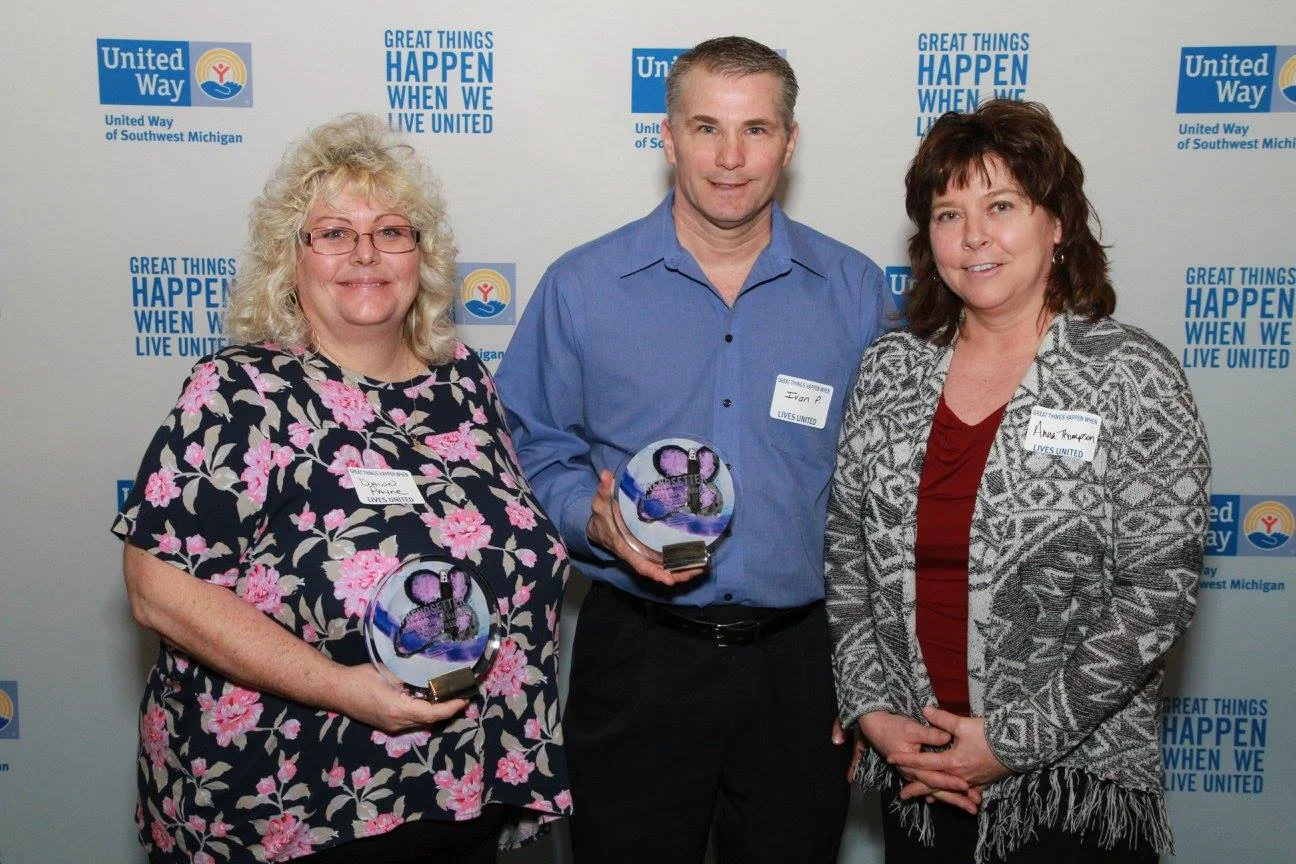 L to R: Dawn Payne, Ivan Price, and Anna Thompson at the 2015 United Way of Southwest Michigan Annual Celebration. Ivan Price was awarded ECC of the Year for a Medium Business while Martin's Supermarket of St. Joseph received the Trendsetter Award.