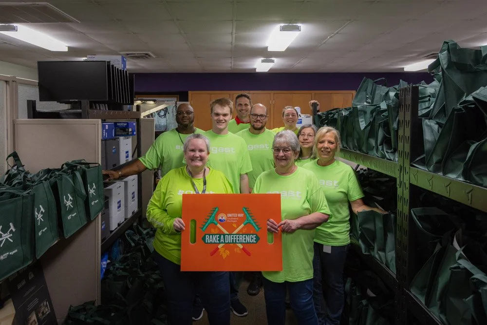 Today we had volunteers from Gast Manufacturing pack senior care kits for our Rake A Difference seniors! These kits include essential hygiene items and will be handed out by our RAD Teams while they’re raking lawns or cleaning gutters. We&rsquo