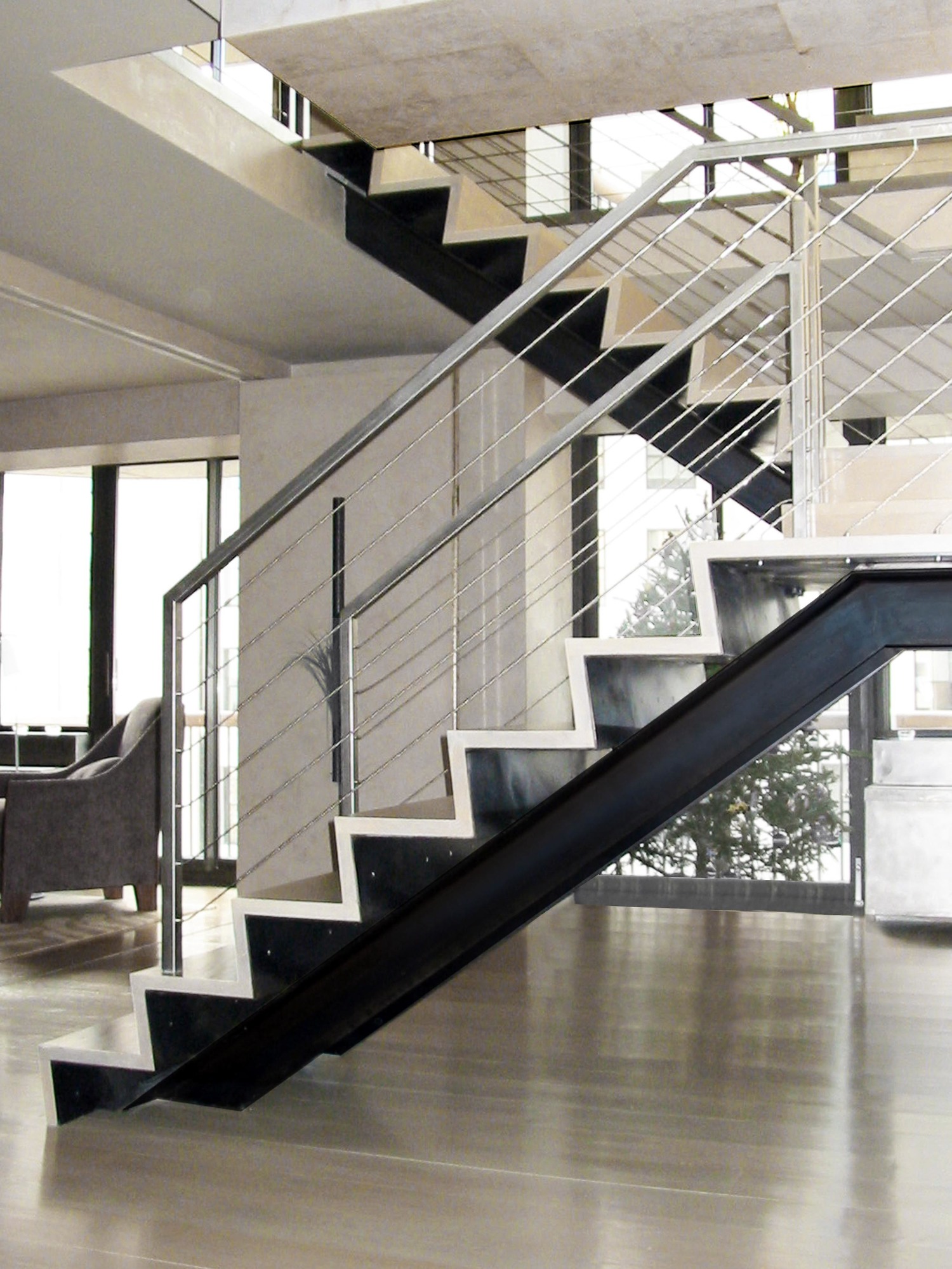 Staircase With Cable Railing Custom Metal Fabrication In