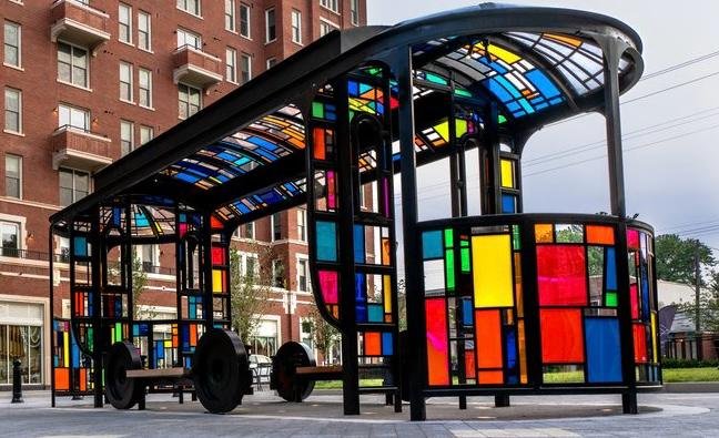 Tom Fruin Streetcar sculpture with colorful translucent panels at Chevy Chase Lake