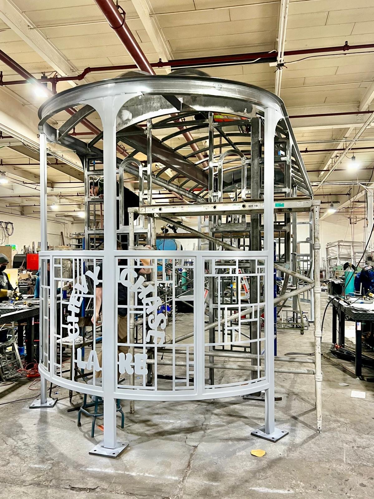 Serett metal fabrication shop assembling large-scale public art sculpture