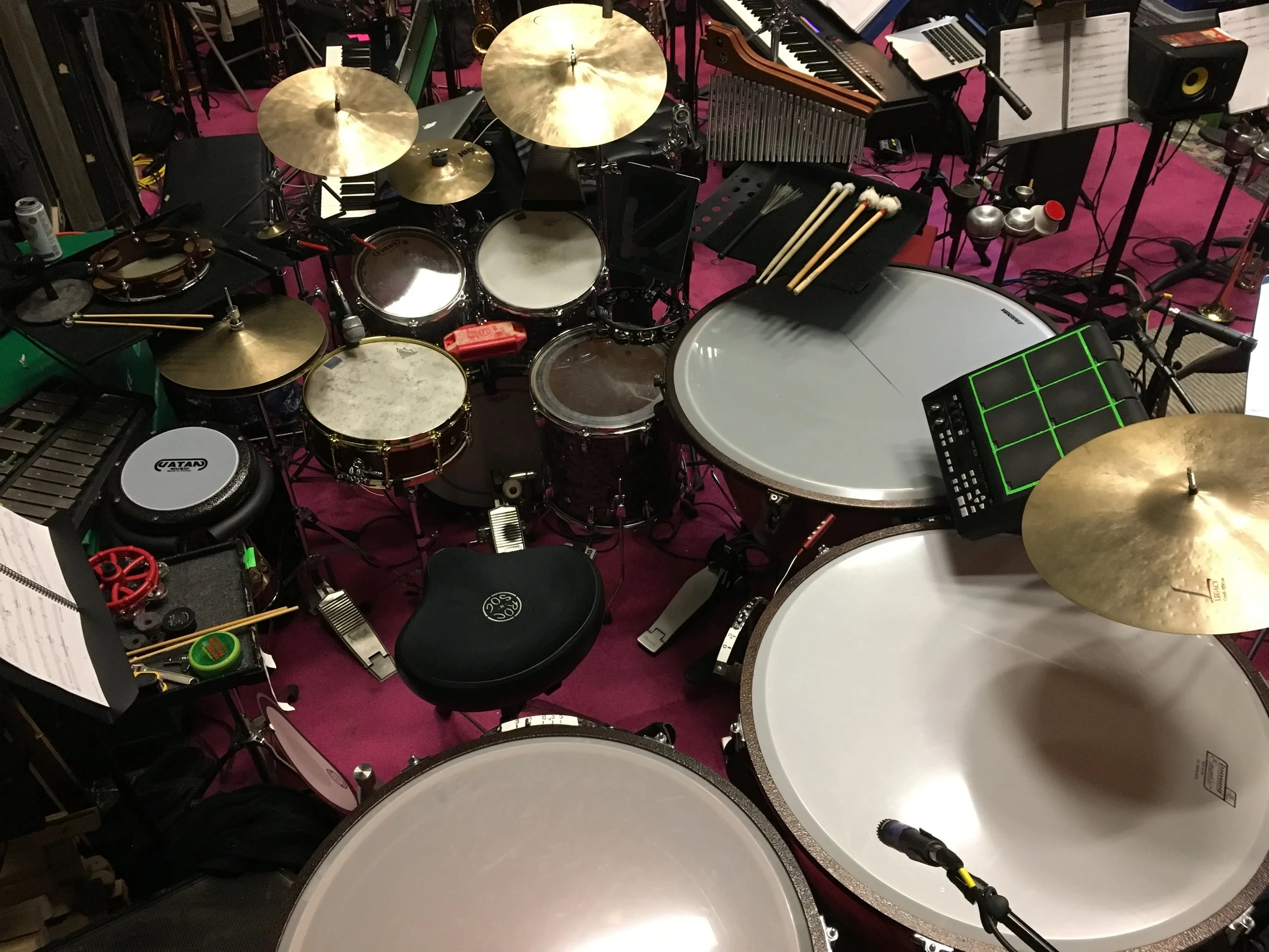  My combined drum/percussion setup for Hunchback of Notre Dame at White Plains Performing Arts Center in White Plains, NY. Foot pedals controlled extra sounds loaded into the Roland SPD-SX.  12/27/17 